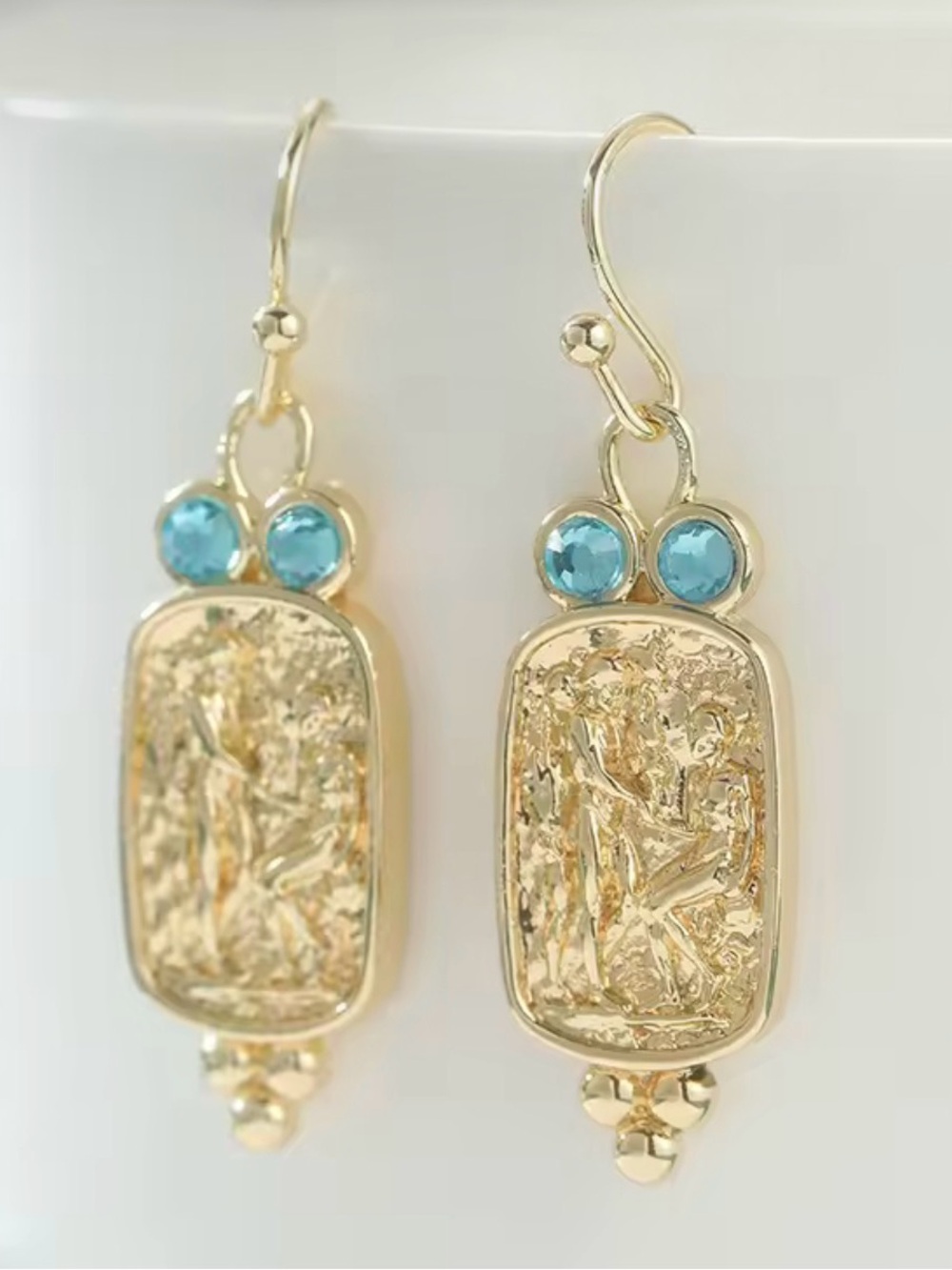 Greek Mythology Gold Dangle Earrings Blue CZ Vintage Coin Statement Jewelry